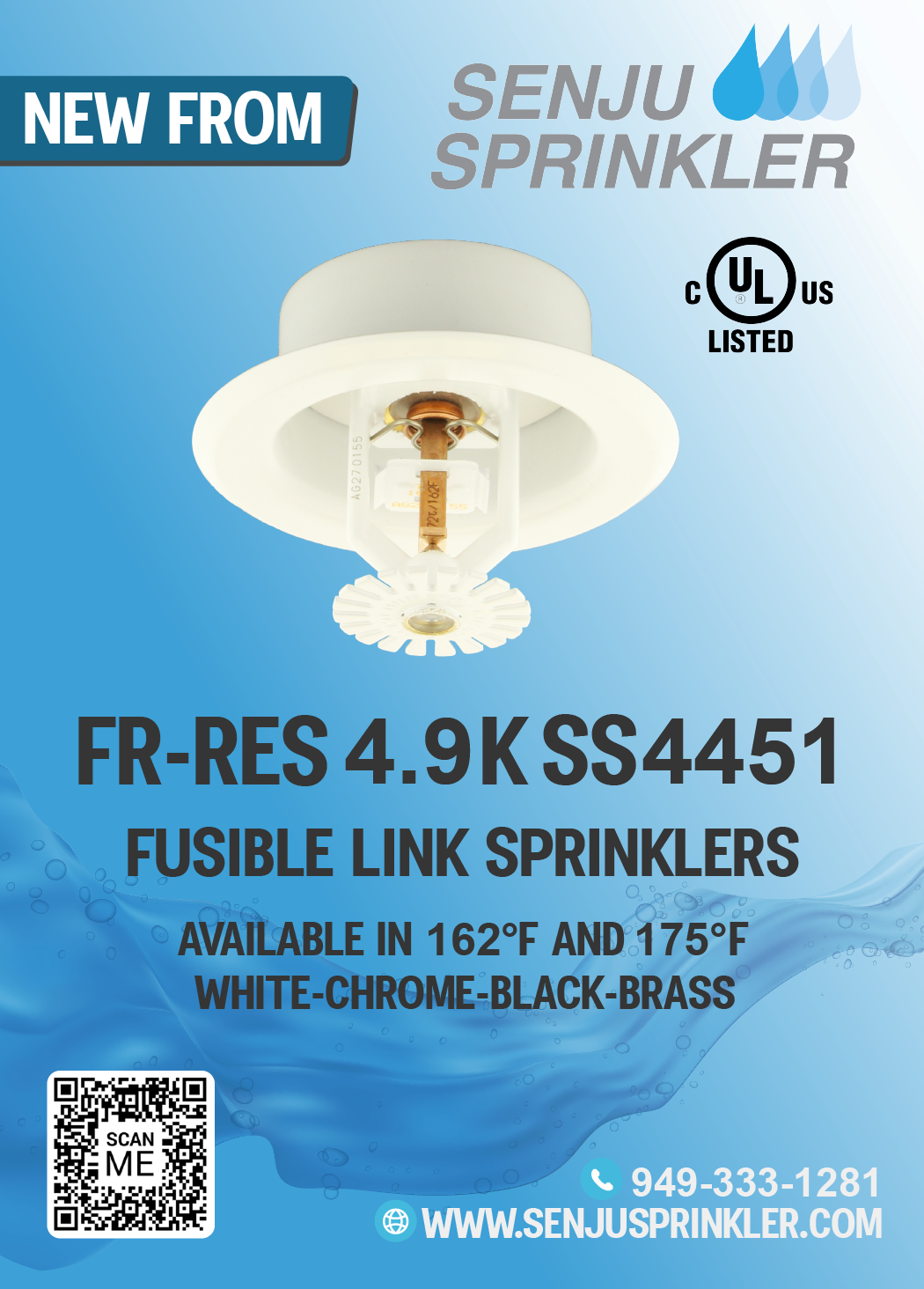 Senju FR-RES SS4451 Fire Sprinkler Head 1/2" 4.9K 162F Pendent White w/ Cover 